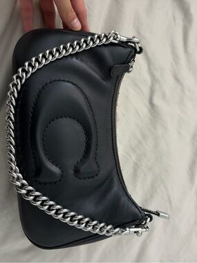 Black Leather Shoulder Bag with Silver Chain